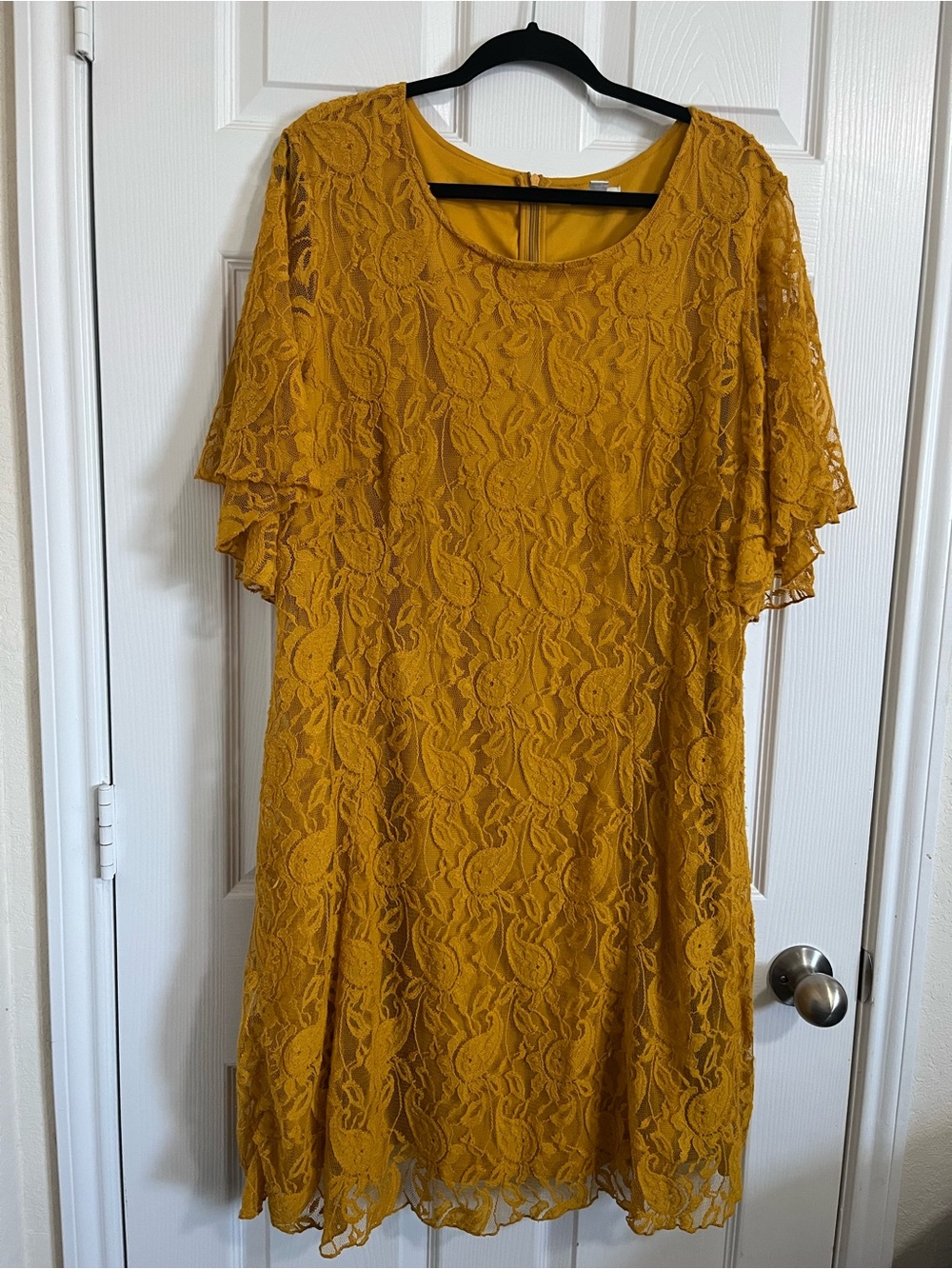 Women's Mustard Lace Overlay Dress - Elegant Short Sleeve Tunic
